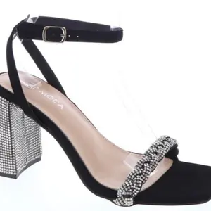 Bedazzled Lady's Heels - Black Suede with Crystal Embellished Ankle Strap