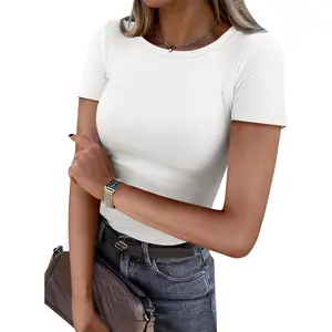 Women Short Sleeve Crewneck Ribbed Knit Slim Fitted Shirts Summer Tops Basic Tee Casual 2026 Spring Outfits Clothes