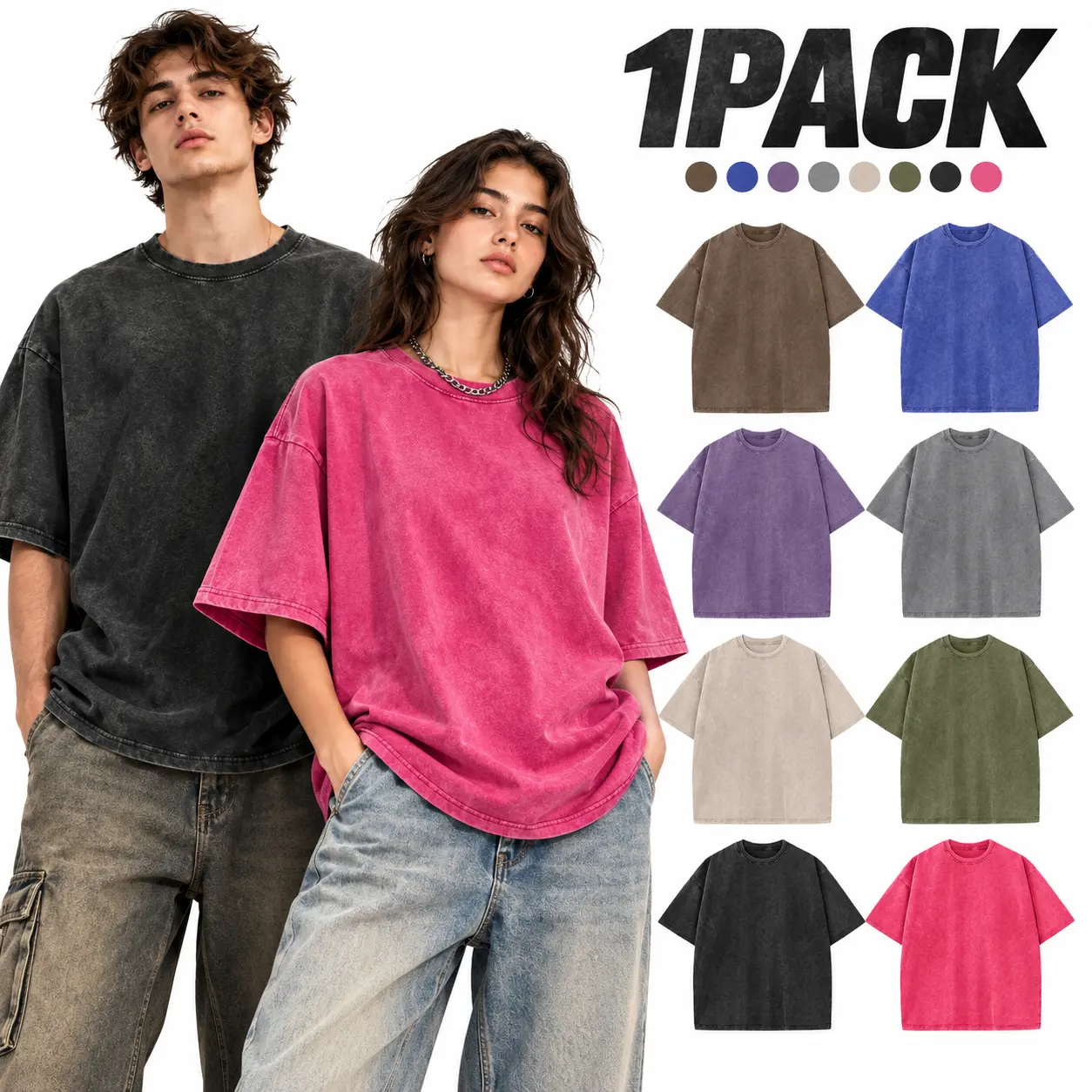 1 Pack Vintage Acid Washed Cotton T-Shirts, Unisex Oversized Loose Fit, Crew Neck Short Sleeve, Solid Color Basic Tees for Men & Women, Relaxed Casual Streetwear, Soft Comfortable Everyday Essentials, Summer Outfits