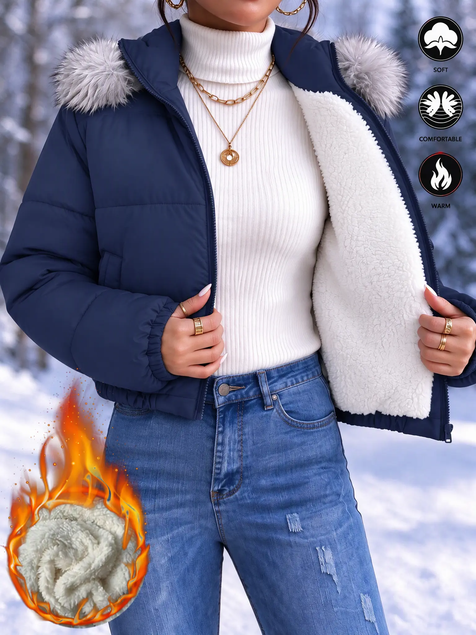 Women’s hooded cropped jacket, fleece lining, thick winter cotton short coat
