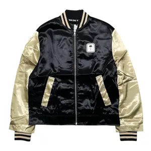 Palm Angels PXP Silky Satin Nylon Varsity Jacket, Men's Long-Sleeves Top, Black-Gold-White Colorway