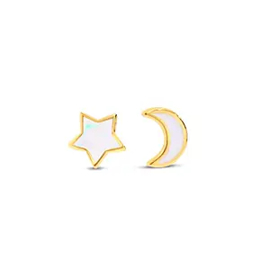 Moon and Star Stud Earrings with White Opal Detail 925 Sterling Silver