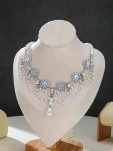 French Vintage Faux Moonstone Necklace, Women's Multi-Layer Tassel Pendant, Simple Style, Casual Wear or Gift, Layered Necklaces, Jewelry Accessories, Jewelry Gifts