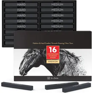 Compressed Charcoal Sticks Set of 16 - Medium and Hard Drawing Crayons for Sketching, Shading, Line Work in Charcoal Art and Figure Drawing