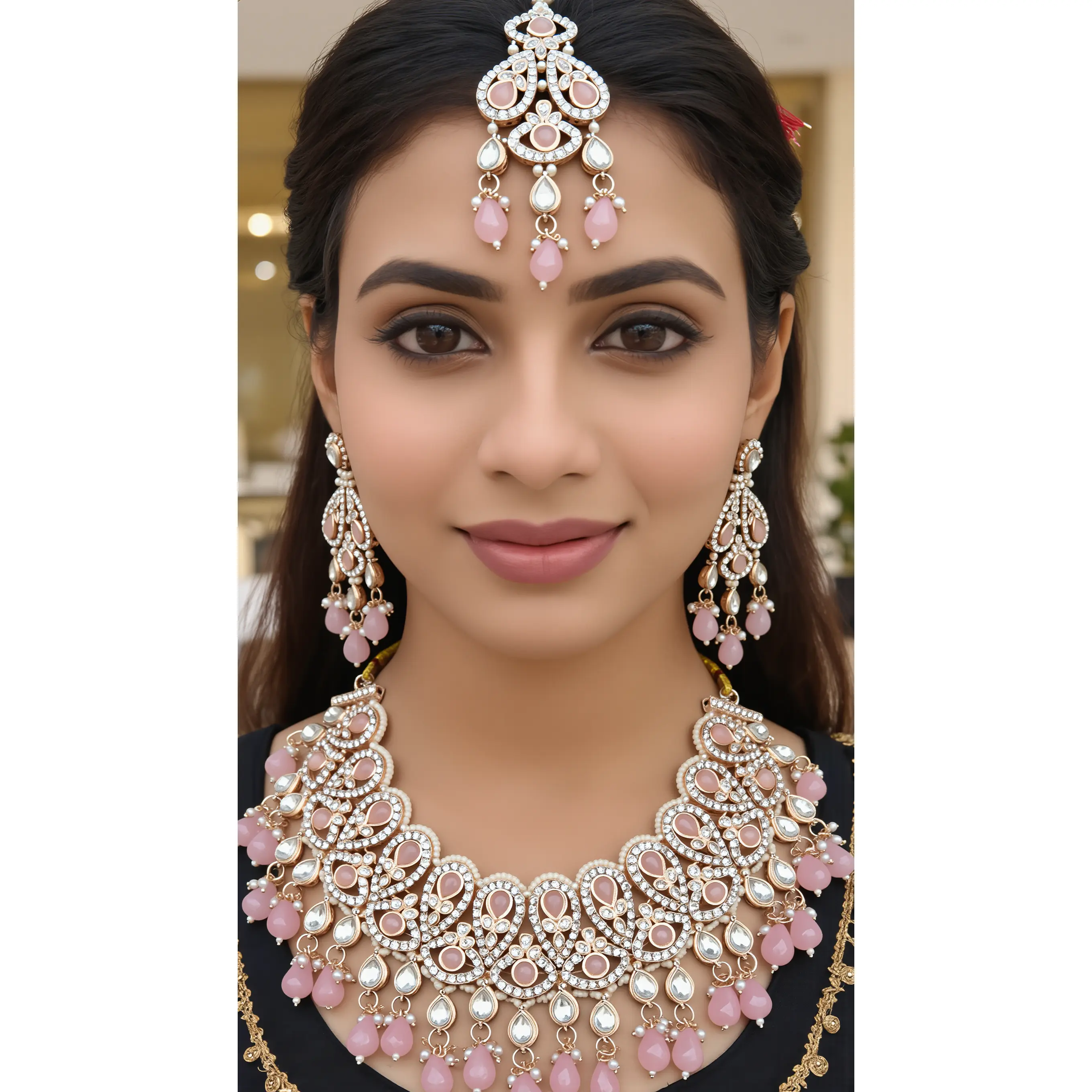 Blush Pink Kundan Bridal Jewelry Set with Earrings & Maang Tikka | Rose Gold Indian Pakistani Afghan Wedding Necklace | Jewelry Gift Box Included 6049