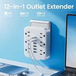 Multi Plug Wall Outlet Extender with USB Ports: 6 AC Outlets, 6 USB Ports (2 USB C), Wall Plug Power Strip, USB Plug Adapter for Wall Outlet, Outlet Splitter for Home Office Travel Cruise Essentials