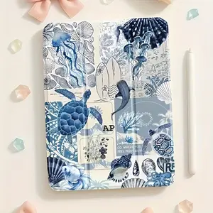This sea turtle and jellyfish beach collage case features an adjustable stand and pen slot, and is a foldable, non-slip TPU protective case suitable for Samsung, iPad mini, iPad Air, iPad Pro/iPad 10th and 11th generation iPads.