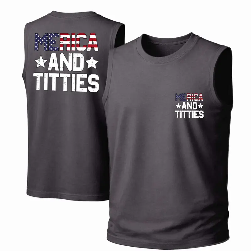Men's Cotton Sleeveless Crew Neck Tank Top - Punk Printed Retro "Merica And Titties" Graphic, Loose Streetwear, Breathable Soft Fabric, Spring-Summer Casual Unisex Outdoor Garment (Hang Dry)