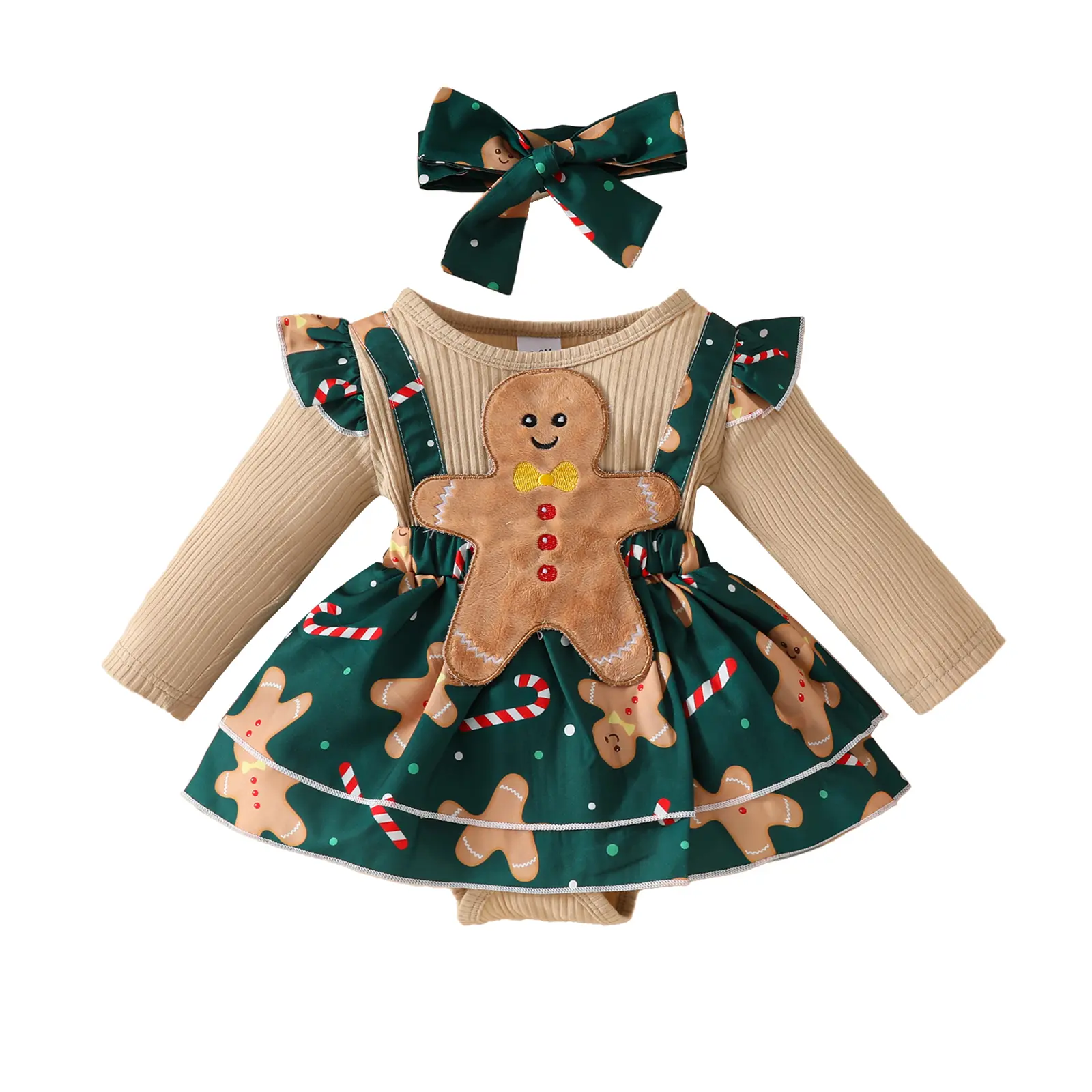 Baby Girl Christmas Outfit Newborn Gingerbread Man Romper Dress Ribbed Ruffle Skirt Hem Jumpsuit Cute Fall Winter Dreeses Headband