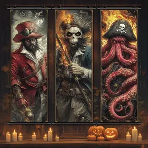 Pirate Skeleton Pattern Wall Art, 3 Counts/set Retro Horror Pirate Skeleton Figures, Halloween Skull Man Decoration, Halloween Poster, Scary Posters, Gift