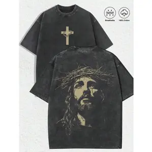 Vintage Religious Graphic T Shirt Washed Cotton Breathable Fabric Distressed Finish Front Cross Crown Of Thorns Print Back Jesus Art Portrait Round Neck Oversized Loose Fit Unisex Streetwear Casual Daily Outdoor Faith Fashion Tee For Men And Women