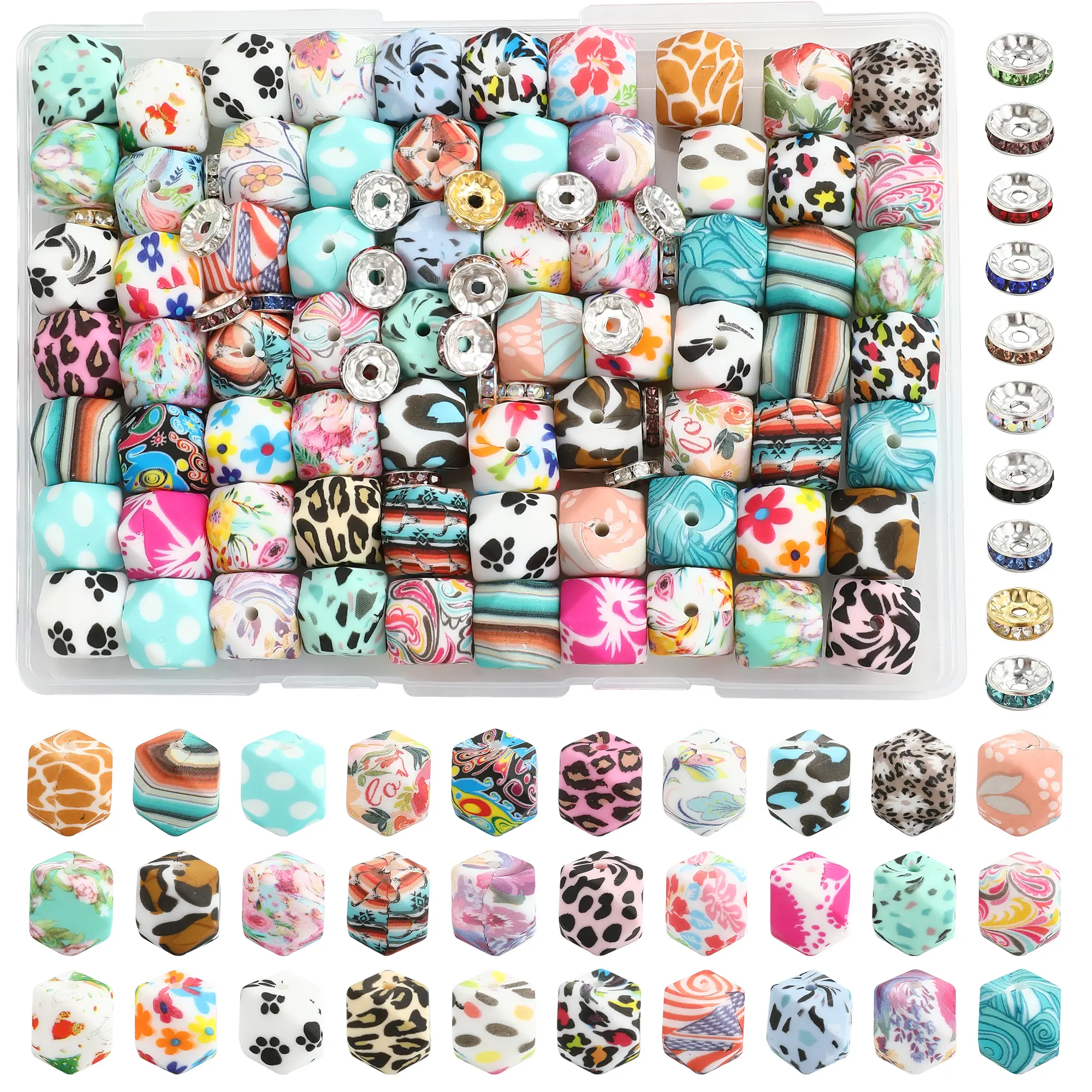 107-Piece Colored Watermarked Hexagonal Silicon Bead Set with Crystal Spacers - Bead Work Jewellery-Making Kits, Geometric Jewellery-Making Kits for DIY, Holiday Gifts, Geometric Bead Jewellery-Making Kits
