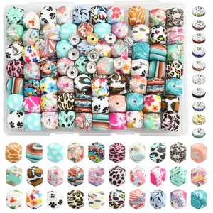 107-Piece Colored Watermarked Polygonal Silicon Bead Set - Hexagonal Styles, Crystal Spacers - for DIY Jewelry Making, Holiday Gifts