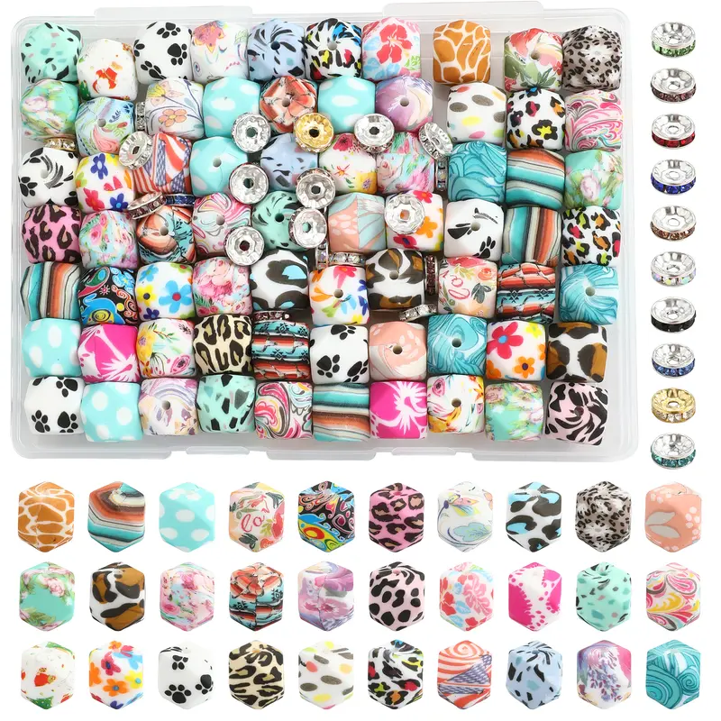 107-piece polygonal watermark silicone bead kits, including hexagonal beads and crystal spacer beads, suitable for DIY keychains, DIY bead accessories, beading pens, and handmade materials, etc., Bead Assortments, Diy Accessories Set