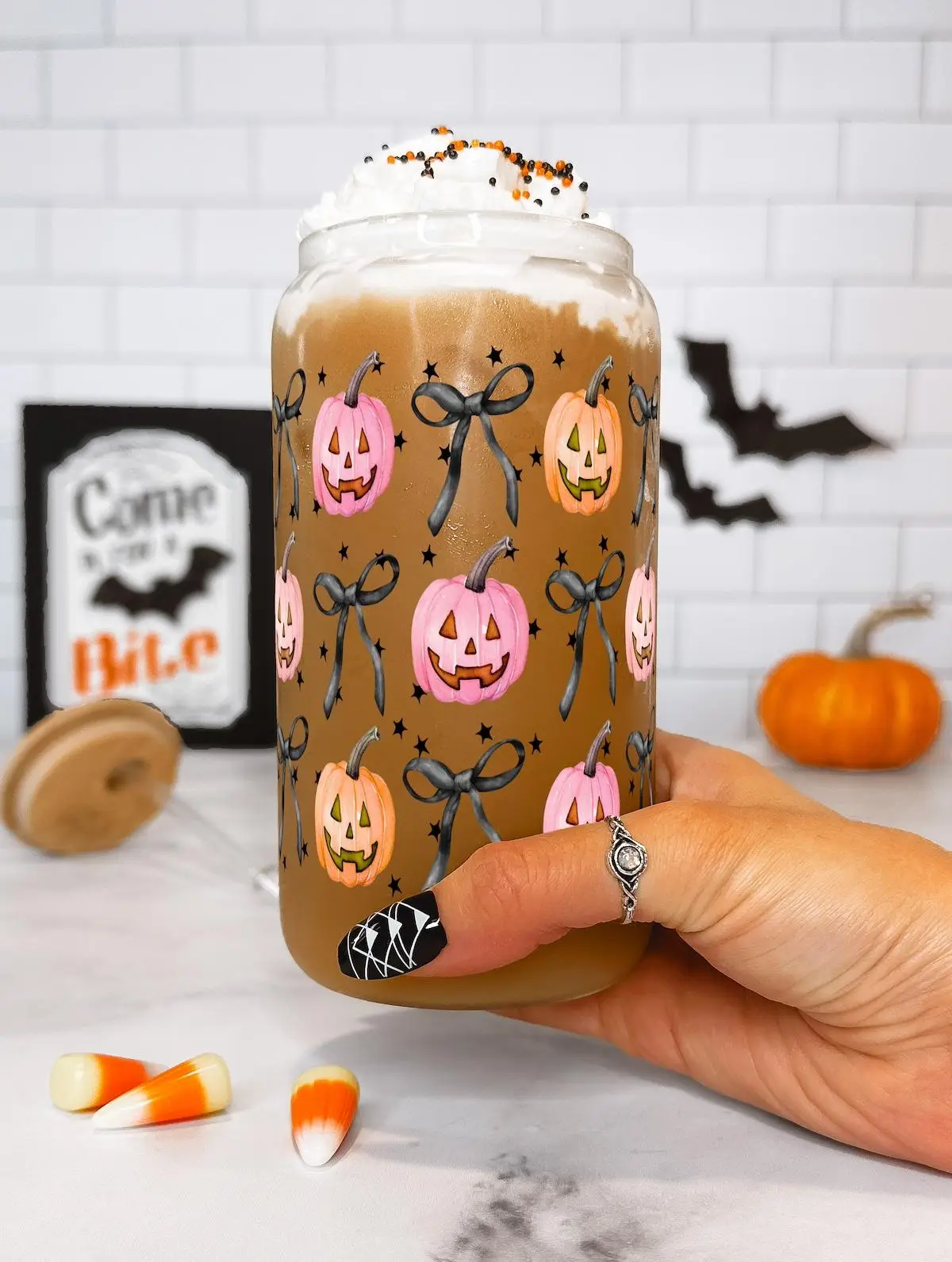 Sip-Sip Hooray! 16oz Halloween Glass Can Cup – Spooky Season Tumbler with Lid & Straw, Halloweentok 2024 Gift, Iced Coffee Boo Basket Drinkware