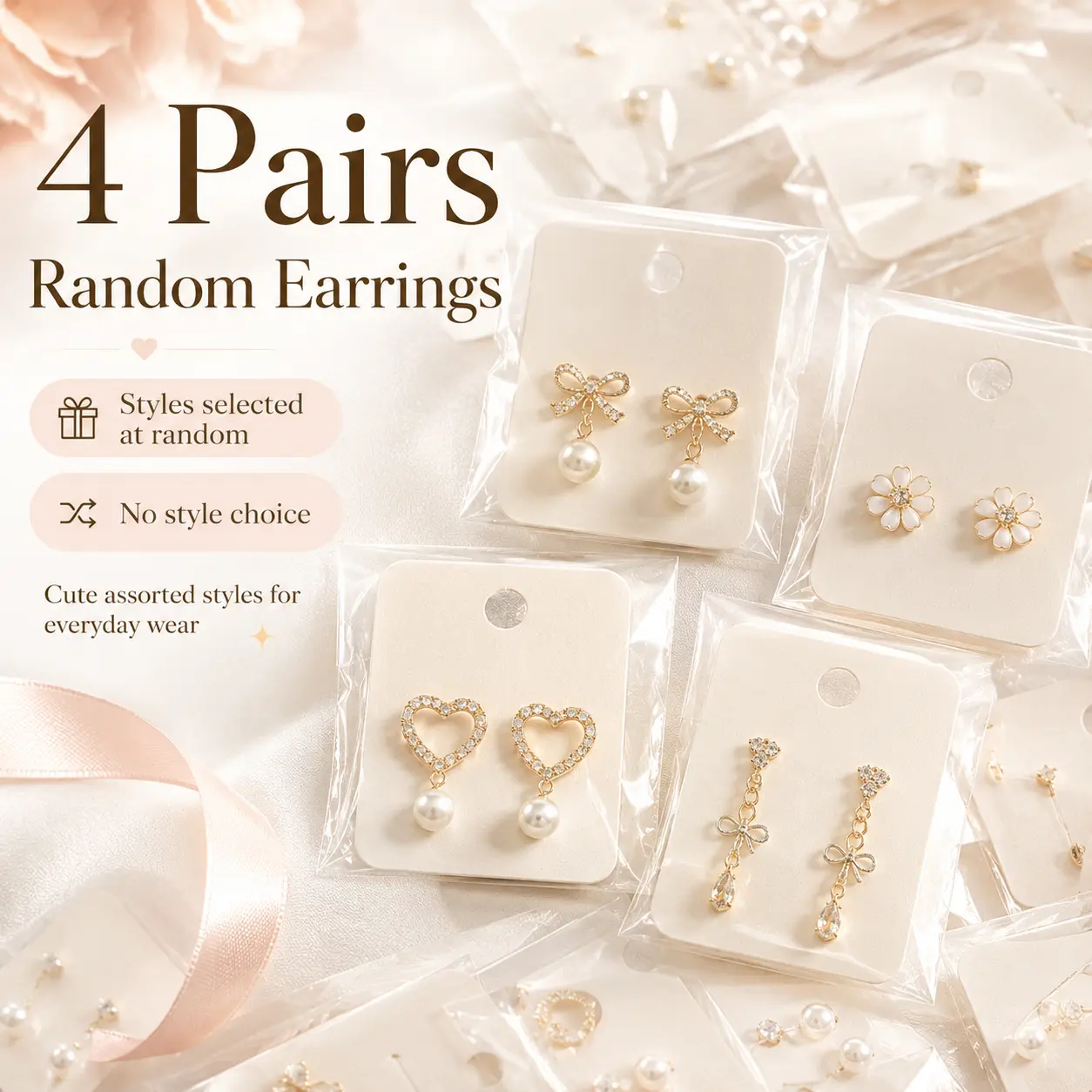 4 Pairs Random Assorted Fashion Earrings for Women, Mixed Stud and Drop Earring Surprise Set with Rhinestone-Style, Pearl-Style and Colorful Accents, Cute Everyday Party Gift Jewelry, Mandatory Random Styles, No Selection