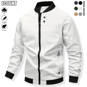 Men's Plain Long-Sleeve Zip-Up Stand Collar Flight Coat - Streetwear Tops, Athleisure Street Fit, Pockets, Casual Sportswear Outerwear for Autumn, Winter Daily Wear