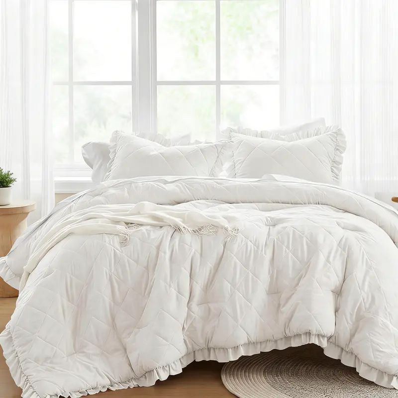 REGENCY HEIGHTS 3-Piece Soft Ruffle Shabby Chic Geometric Diamond-Quilted Comforter Set - Pre-washed Polyester Microfiber, Overlapping Shams, All-Season Bedding Set for Back to School, Room Decor, Bedroom Items
