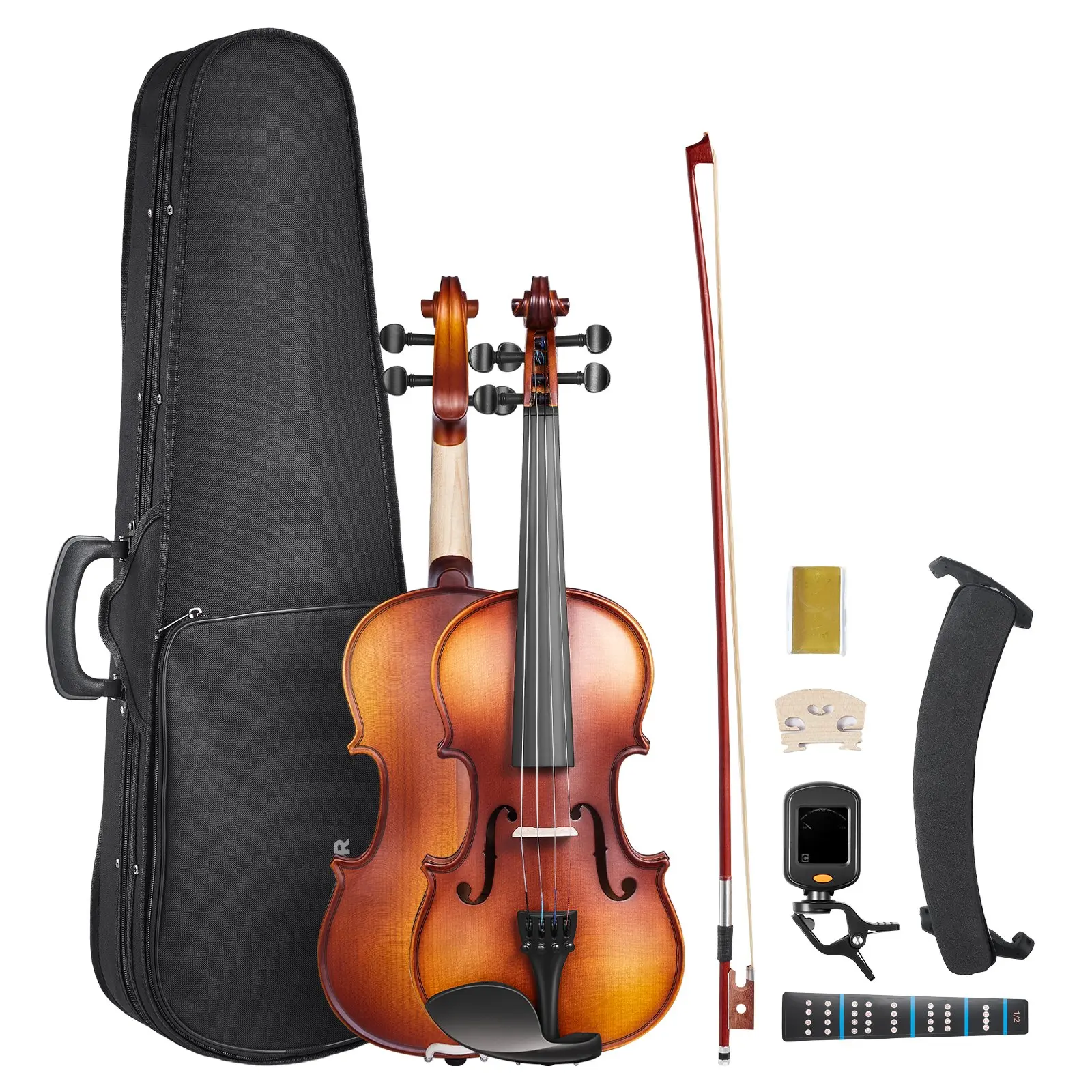 【Summerfinds】VEVOR 1/2 Violin (308 mm Solid Wood Maple Spruce, 2.67 Lbs / 1.21 Kg), Professional Brown Gloss Varnish Fiddle Set for Ages 6-10 Beginners, Kit with Hard Case, Rosin, Bow, Shoulder Rest, Bridge, Tuner, Extra Strings, Sticker