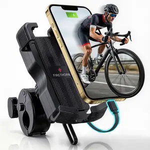 FIRETHORN Bike Phone Holder with Built in Rechargable Battery 5000 mAh - Motorcycle Mount, Handlebar Cell Phone Clamp, Scooter Clip, 4.7 to 6.8" Phone Types - iPhone 17, 16, 15 Plus, S20, Smartphones