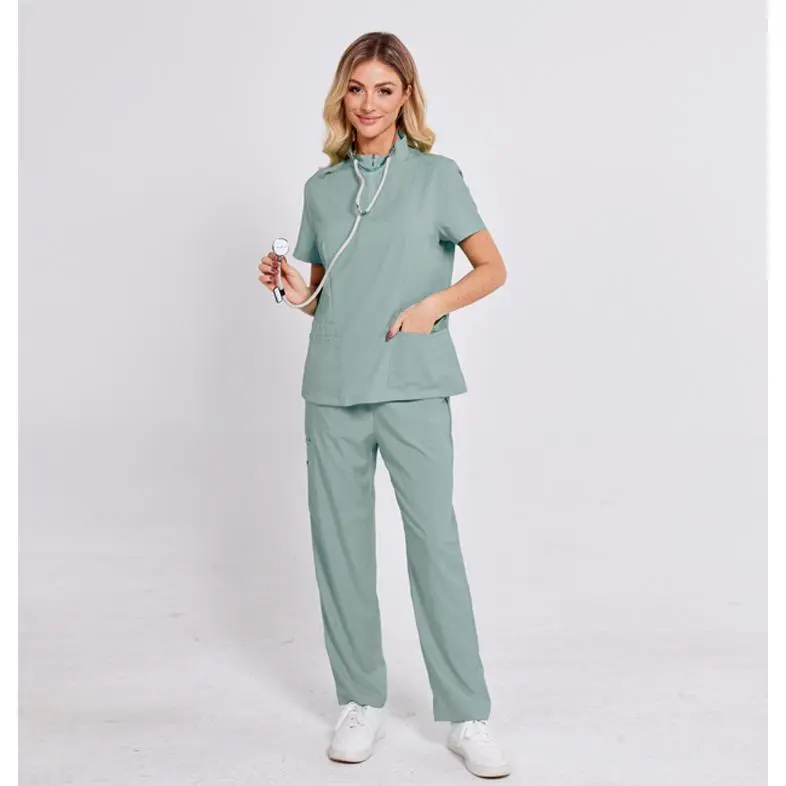 Solid Color Scrubs Sets for Women, Unisex Fit Stand Collar Zipper Top and Straight Leg Pants, Soft Fabric Medical Workwear