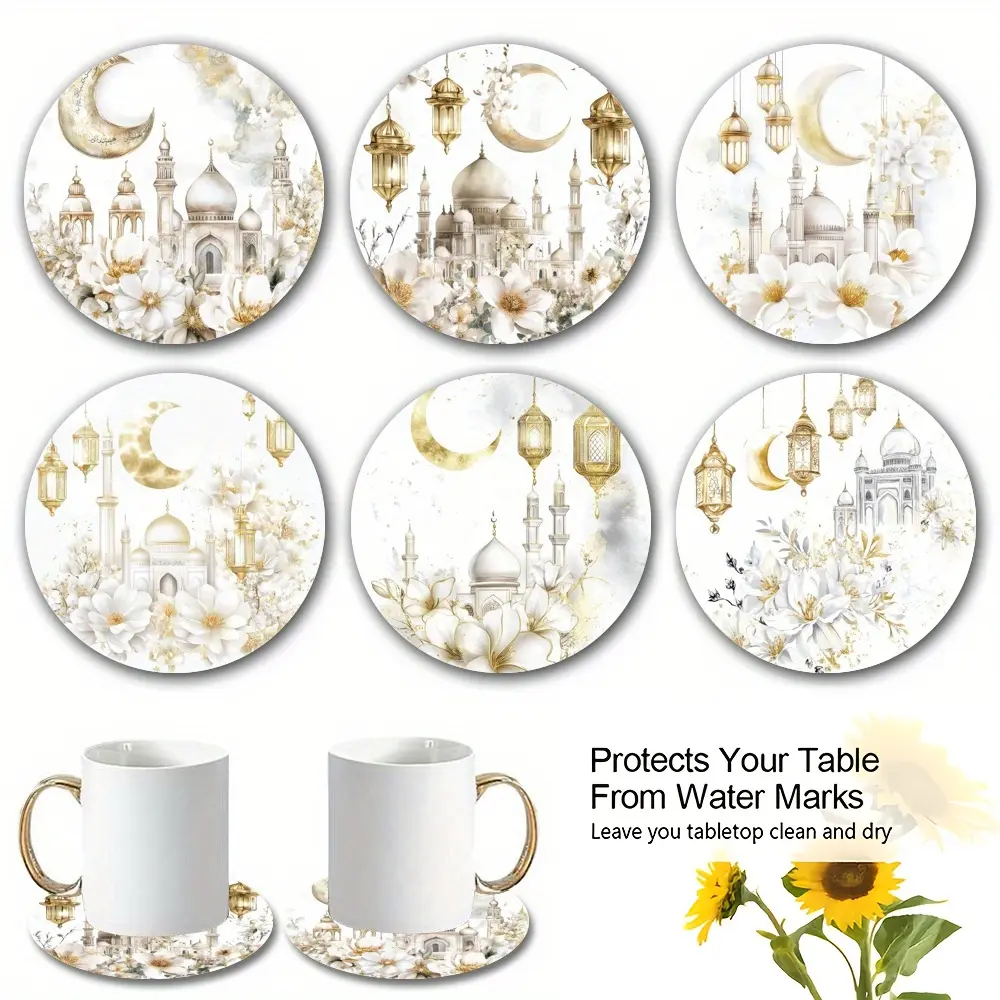 6-piece/set wooden coaster set, suitable for holding drinks, Moroccan style white floral printed tray with Islamic architectural decorative elements, Eid al Fitr decoration，RamadanDecor