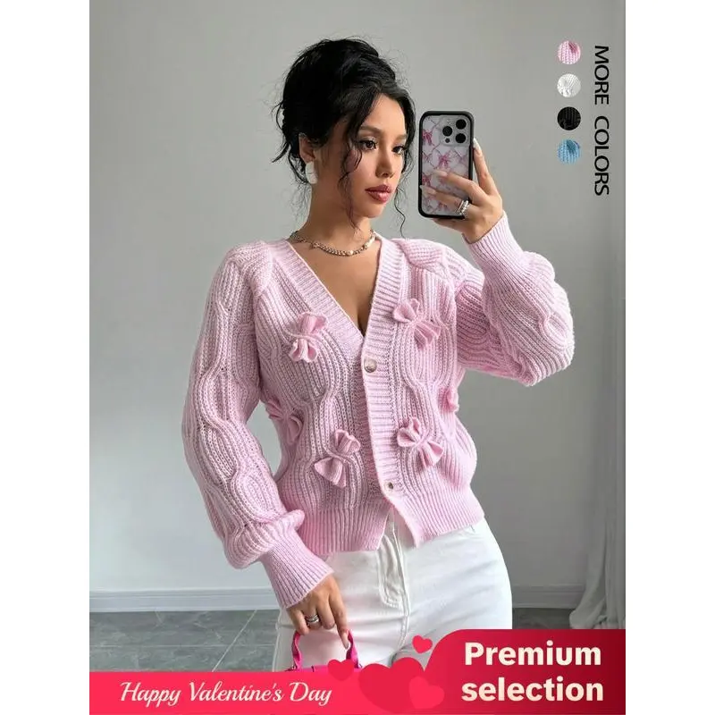 Women'sPlainBowFrontRaglanSleeveSweaterCardigan,CasualLongsleevesButtonFrontKnitwearforFall&Winter,FashionWomen'sKnitClothingforDailyWearValentine'sDay,gift