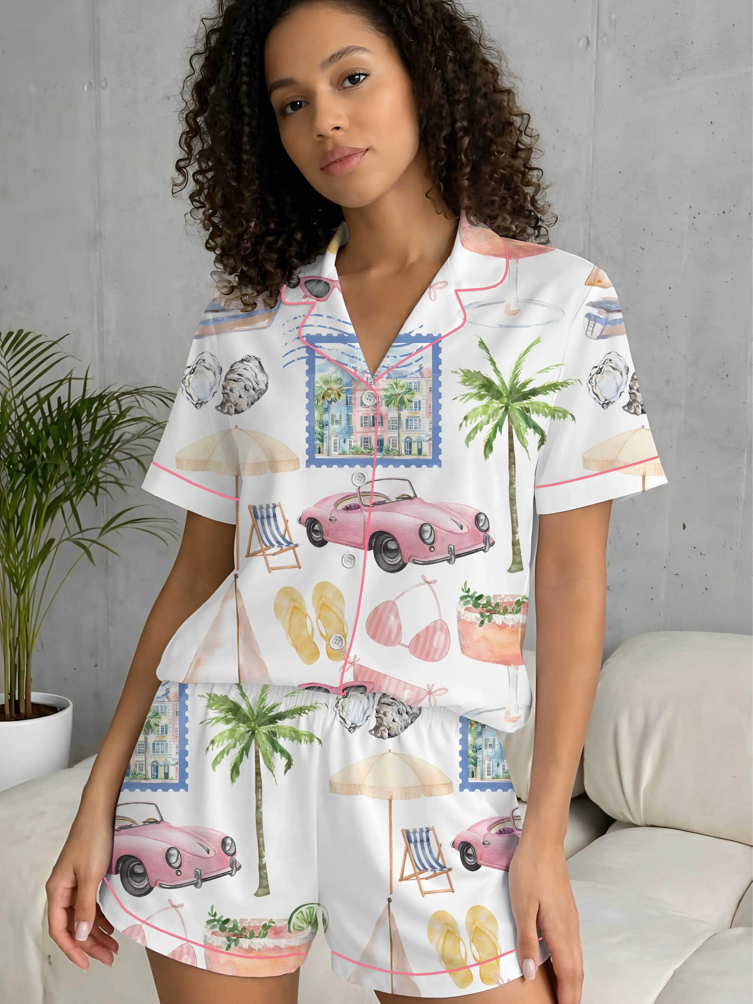 Pink Vintage Car Pajama Set, Summer Beach Vacation PJs, Cute Cocktail Palm Tree Print, Women Short,Long Sleeve Lounge Set Gift
