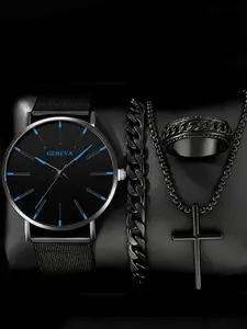 4-Piece Geneva Men's Watch, Minimalist Business Mesh Band Quartz Watch, Casual Wristwatch Set