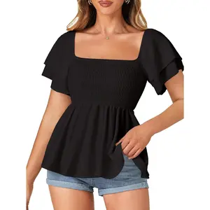 Women's Casual Butterfly Peplum Blouse - Square Neck, Smocked Babydoll Style, Ruffled Sleeves, Soft Lightweight Breathable Stretchy Clothes, Everyday Summer Top