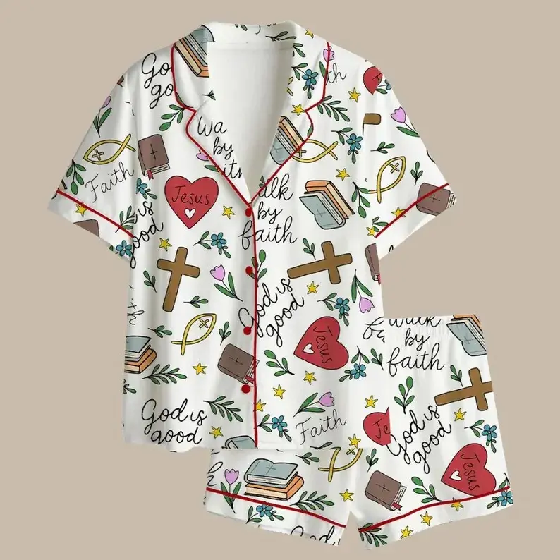 Women's 2Pc Pajama Set Christian Faith Print Jesus Cross Bible God Is Good Button Down Shirt Shorts Summer Sleepwear Loungewear Soft Comfy Religious Gift Casual Loose Fit