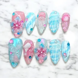 Summer Vibe Press On Nails Beach Mermaid 3D Shell Pearls Pastel Vacation Floral Ocean Blue pink