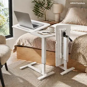 Mobile Rolling Overbed Desk with Wheels - H-Shape Base, Height-Adjustable Tilting Bedside Table Tray, MDF+Metal Laptop Stand, Sliding Indoor Furniture for Room Use (White)