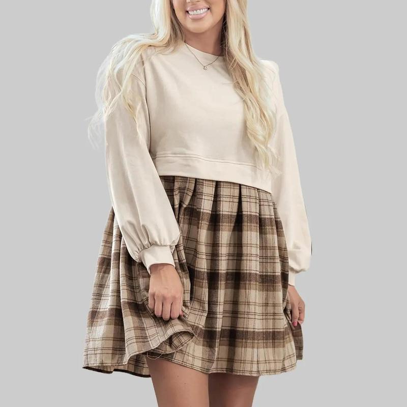 Women's Plus-Size S-4X (S,2X,3X Included) High-Waist Plaid Patchwork Round Neck Long-Sleeve Cotton-Elastane Knitted Fabric O-Type Pull-On Minimalist Baggy Sweatshirt-Style Casual Baby-Doll Dress for Everyday Wear