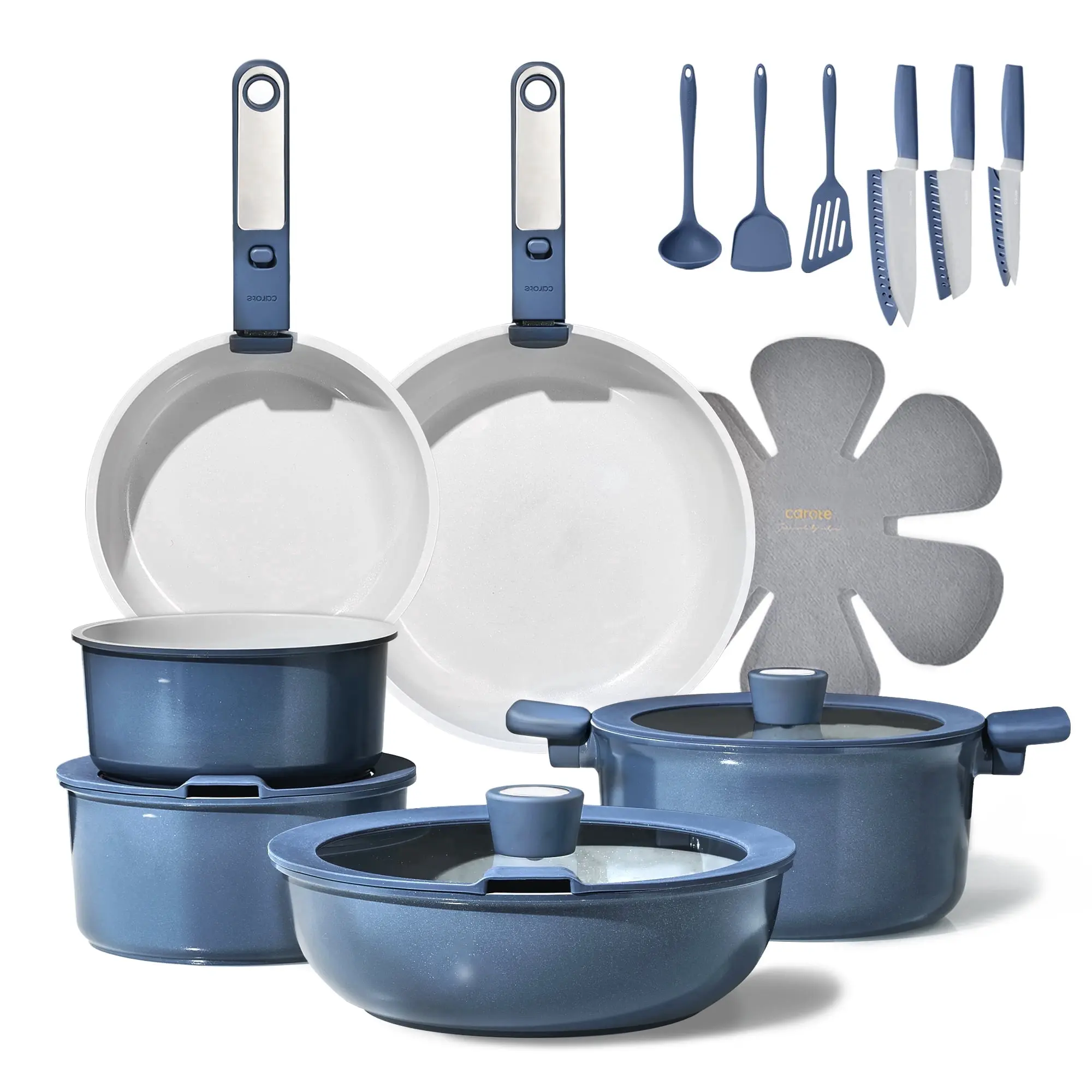 19 Pcs Nonstick Cookware Set, Non Stick Pots and Pans with Detachable Handles, Oven Safe, Induction Cookware, Stackable Kitchen Set, Blue