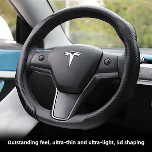 Carbon Fiber Leather Steering Wheel Cover for Tesla Model 3/Y 2016-2025 2026 Juniper/Highland, Non-Slip Breathable Steering Wheel Protector for Tesla Model 3/Y Accessories 2026