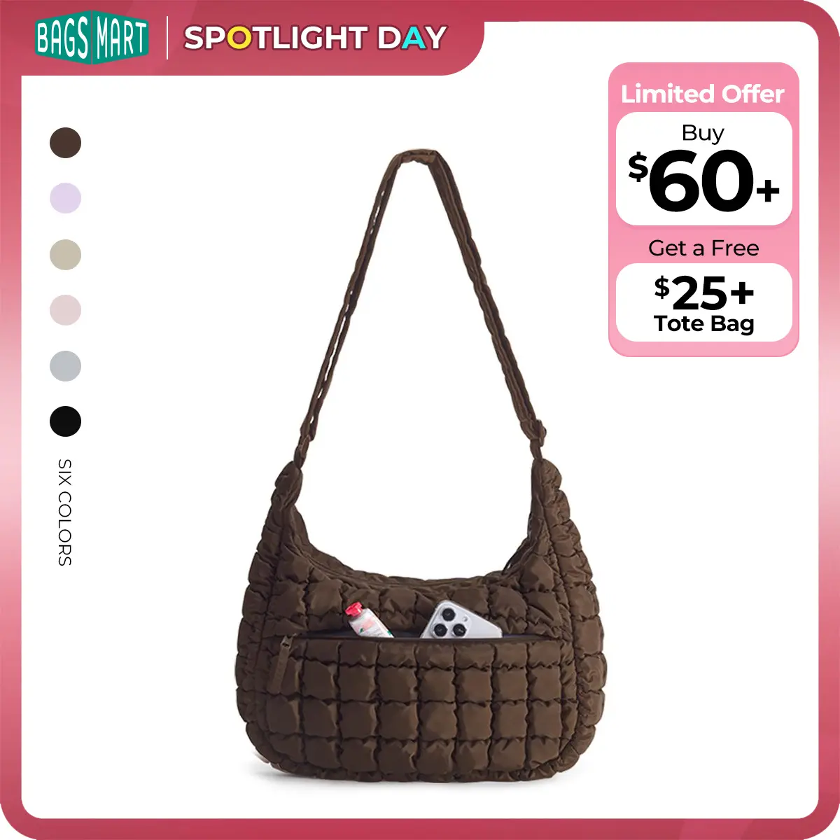 【NEW IN】BAGSMART Crossbody Bags for Women,Quilted Lightweight Shoulder Handbags with Adjustable Strap, Crescent Shoulder Bag, Puffer Purse Shoulder, Easy Clean Hobo Bag for Daily Use Travel Essentials summerwins tiktokshopsummersale