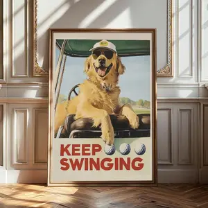 1pc Unframed Golden Retriever Funny Animal Wall Art Canvas Poster Print Vinage Dog Playing Golf Sport Art Painting For Dorm,Living Room,Apartment Room,Bedroom,Modern Home Decoration