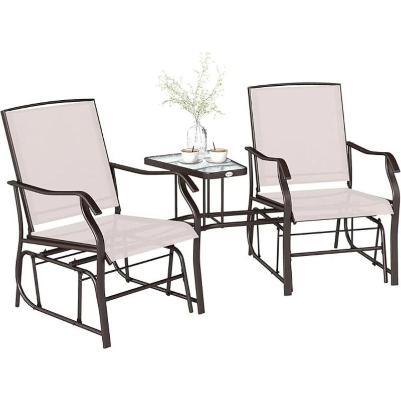 Outdoor Glider Chairs and Table set, Patio 2-Seat Rocking Chair Swing Loveseat with Glass Coffee Table