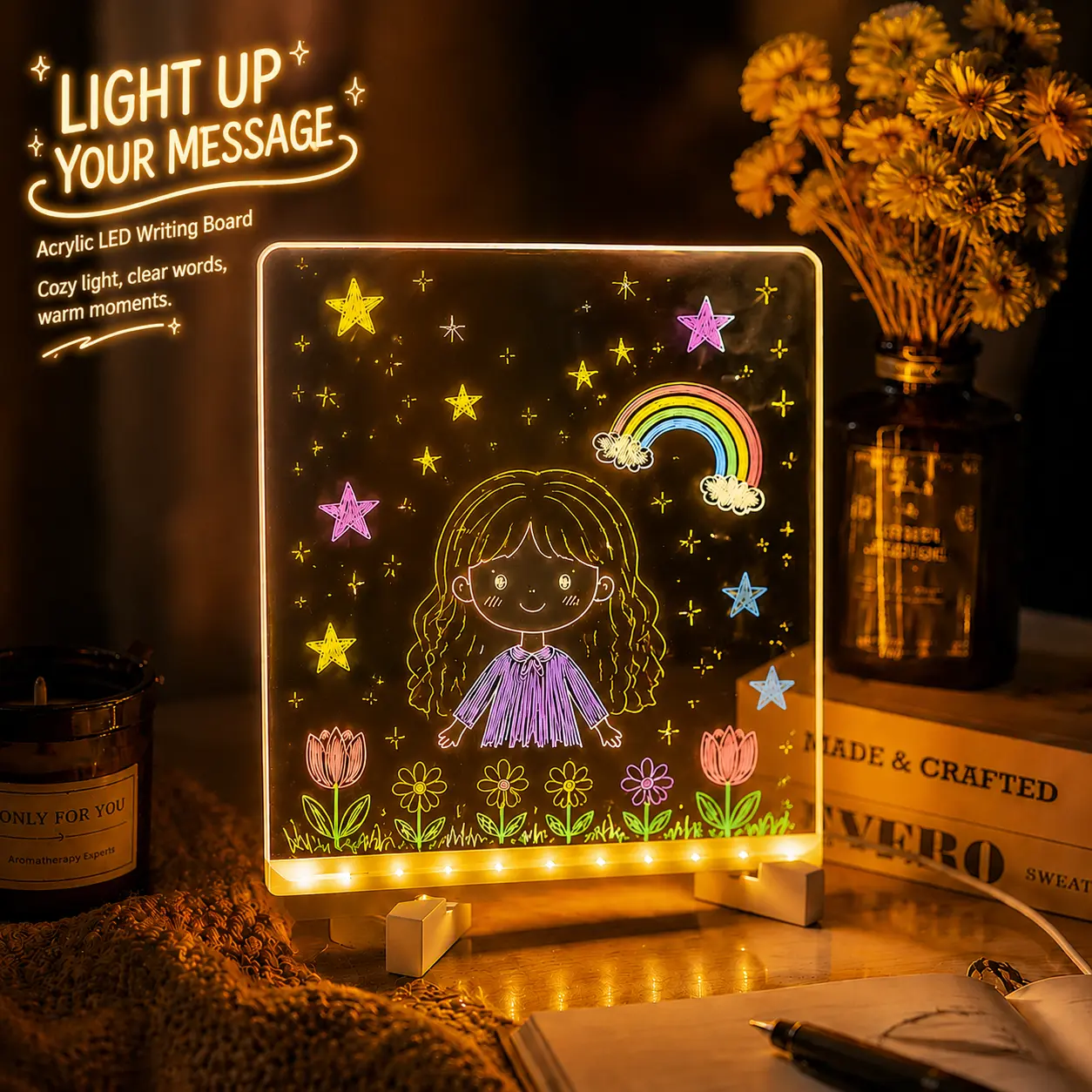 Erasable LED Glow Drawing Board with 7 Markers, Reusable Acrylic Light Up Writing Pad, DIY Fluorescent Sketch Board with Stand & Cloth for Kids, Students & Artists,back to shcool shopping,tiktok shop