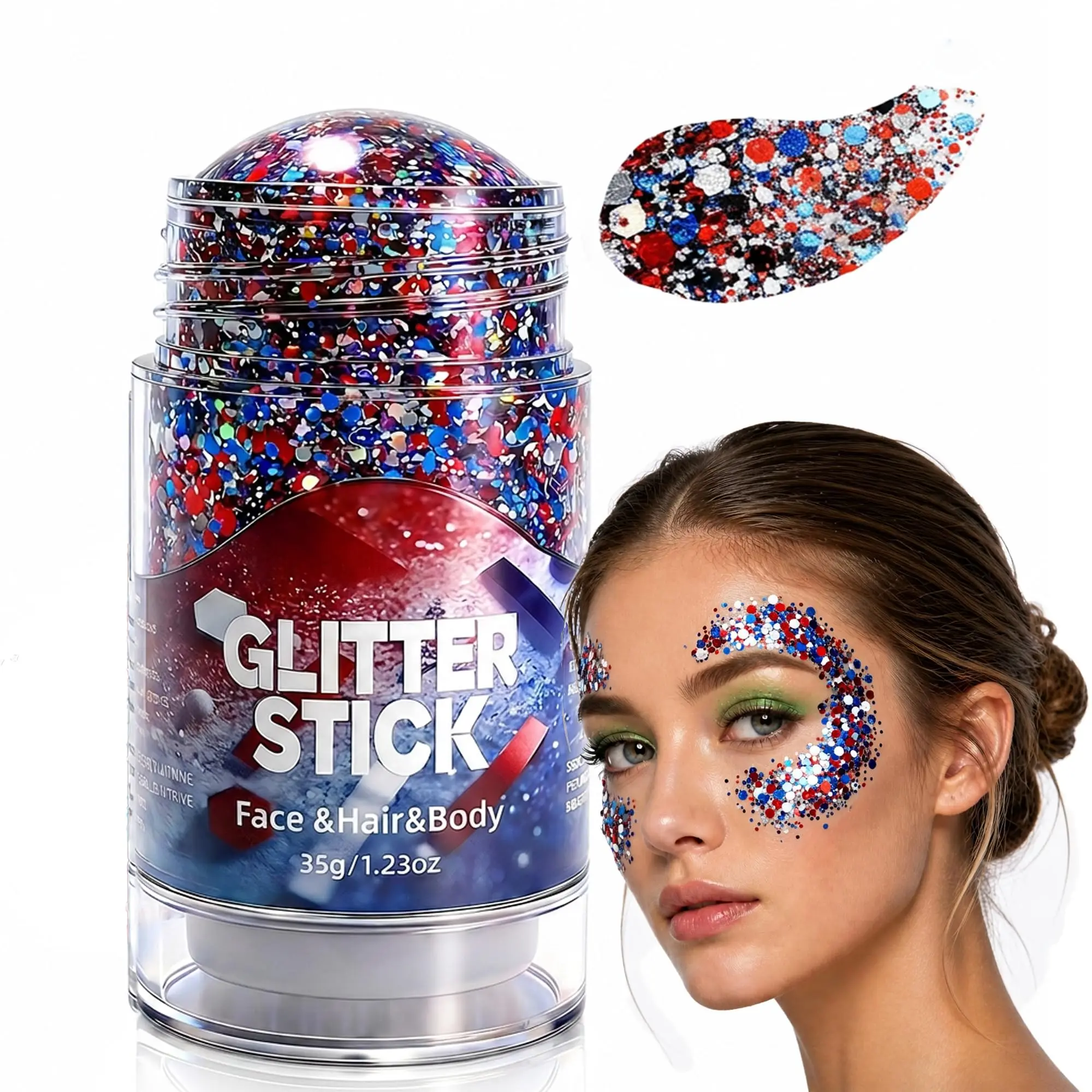 4th of July Red White & Blue Glitter Stick, 2026 New Body Hair Glitter Stick, USA Flag Star Face Hair Glitter for Women, Waterproof Makeup for Football Game Memorial Day 250th Anniversary (1Pc)