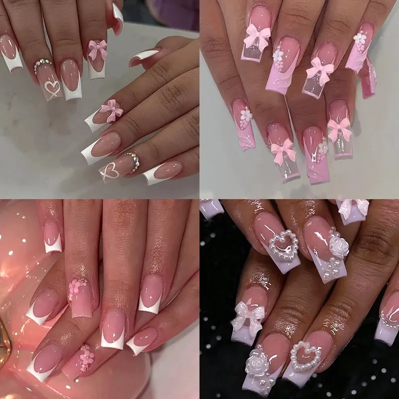 96pcs Long Rectangle French Gel Heart Flower Bow Pearl Press-On Nails Set, Easy Wear Perfect Fit Fake Nails for Party Dance Daily Use