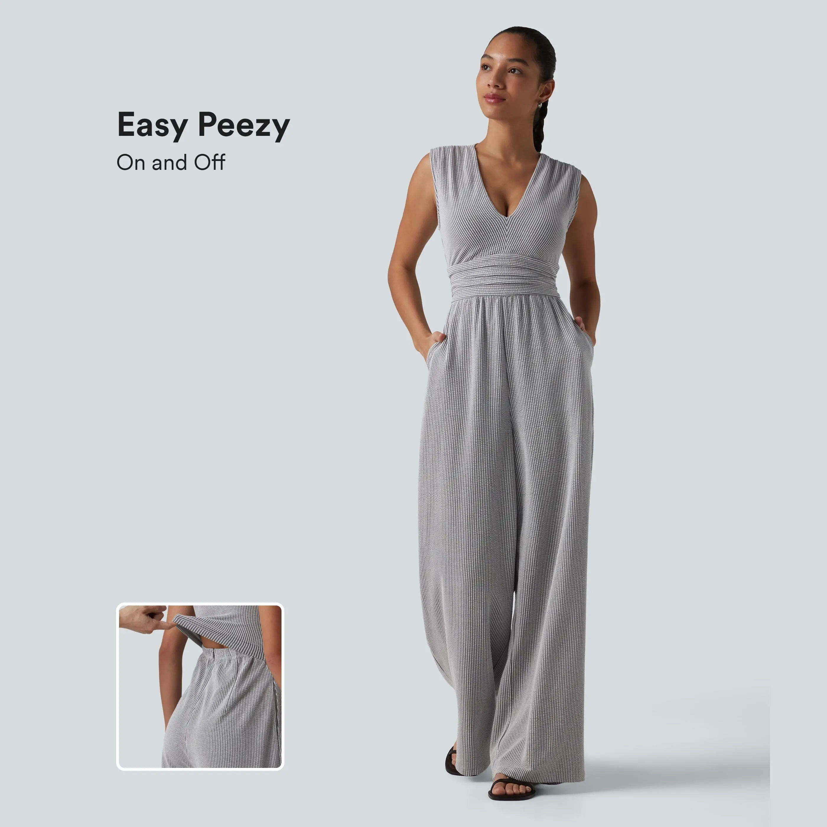 Halara V Neck Sleeveless Built-in Bra Stripe Casual Jumpsuit with Pockets-Easy Peezy Edition