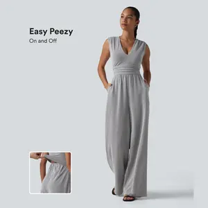 Halara V Neck Sleeveless Built-in Bra Stripe Casual Jumpsuit with Pockets-Easy Peezy Edition