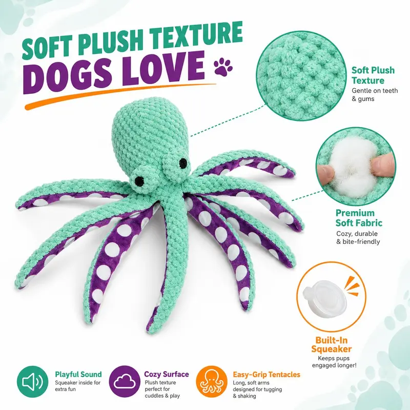 Cute Octopus Shape Polyester Dog Toy - Soft Easy-Grip Tentacles, Built-In Squeaker, Universal Fit for Small-Medium-Large Dogs, Interactive Play, Outdoor Fun, Travel-Friendly, Training Reward, Gift Idea