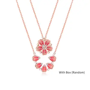 S925 Necklace for Women, Simple and Fresh, Peach Blossom Pink, Pure Silver, New Two-Way Wear Open and Close Flower Necklace