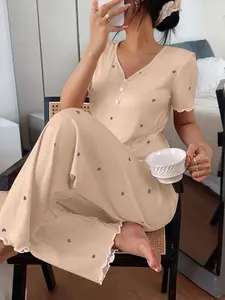 Spring Summer New Heart Print Women's Pajama Set, Pjs, Loungewear, V Neck Front Button Design, Elastic Fabric, Comfortable Breathable Soft Skin-Friendly