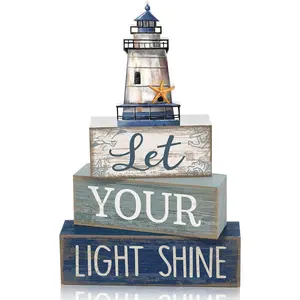 Lineshading 4 Pcs Beach Coastal Table Decor Wooden Lighthouse Decoration with Starfish Summer Tiered Tray Decor Blue and White Ocean Centerpieces Rustic Beach House Nautical Decorations for Home Shelf
