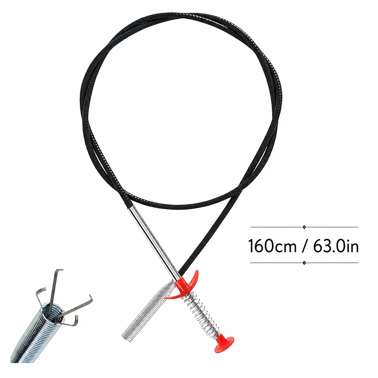 63-Inch Hose + Claw Flexible Reach Drain Auger - 4-Claw Spring Steel Bendable Grabber Tool, Clog Remover for Hair/Small Objects, Reaching Assist for Home Users’ Sink Litter Pickup