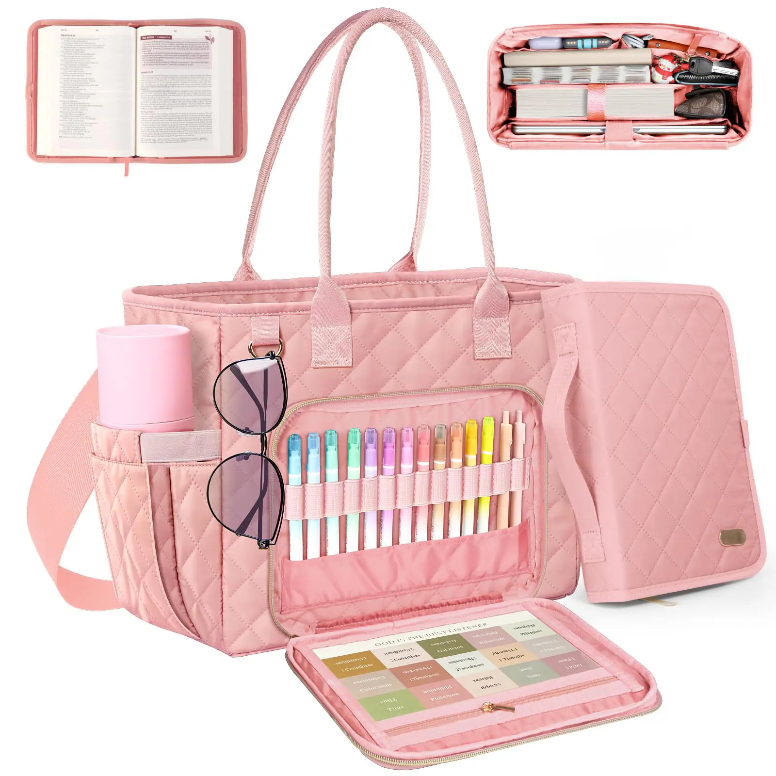 Large Bible Bag with Bible Cover Case for Women, Church Bag with shoulder strap, Quilted Book Cover for Bible Study Supplies, a Christian Gift for Women, Blush Pink
